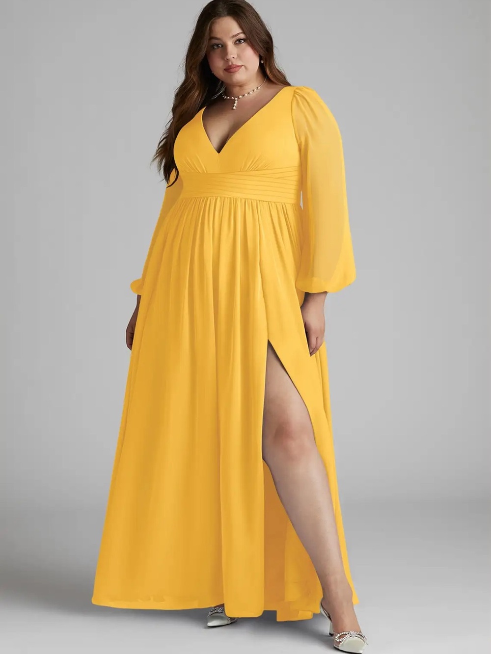 Azazie Norah Marigold Yellow V-Neck Long Sleeve Maxi Dress with Side Slit